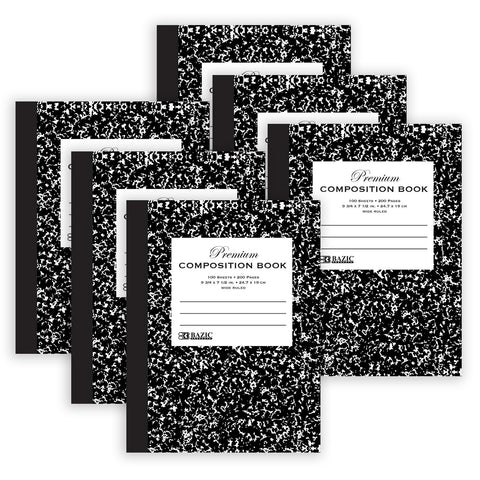 Premium Composition Book, Wide Ruled, Black Marble, 100 Sheets, Pack of 6