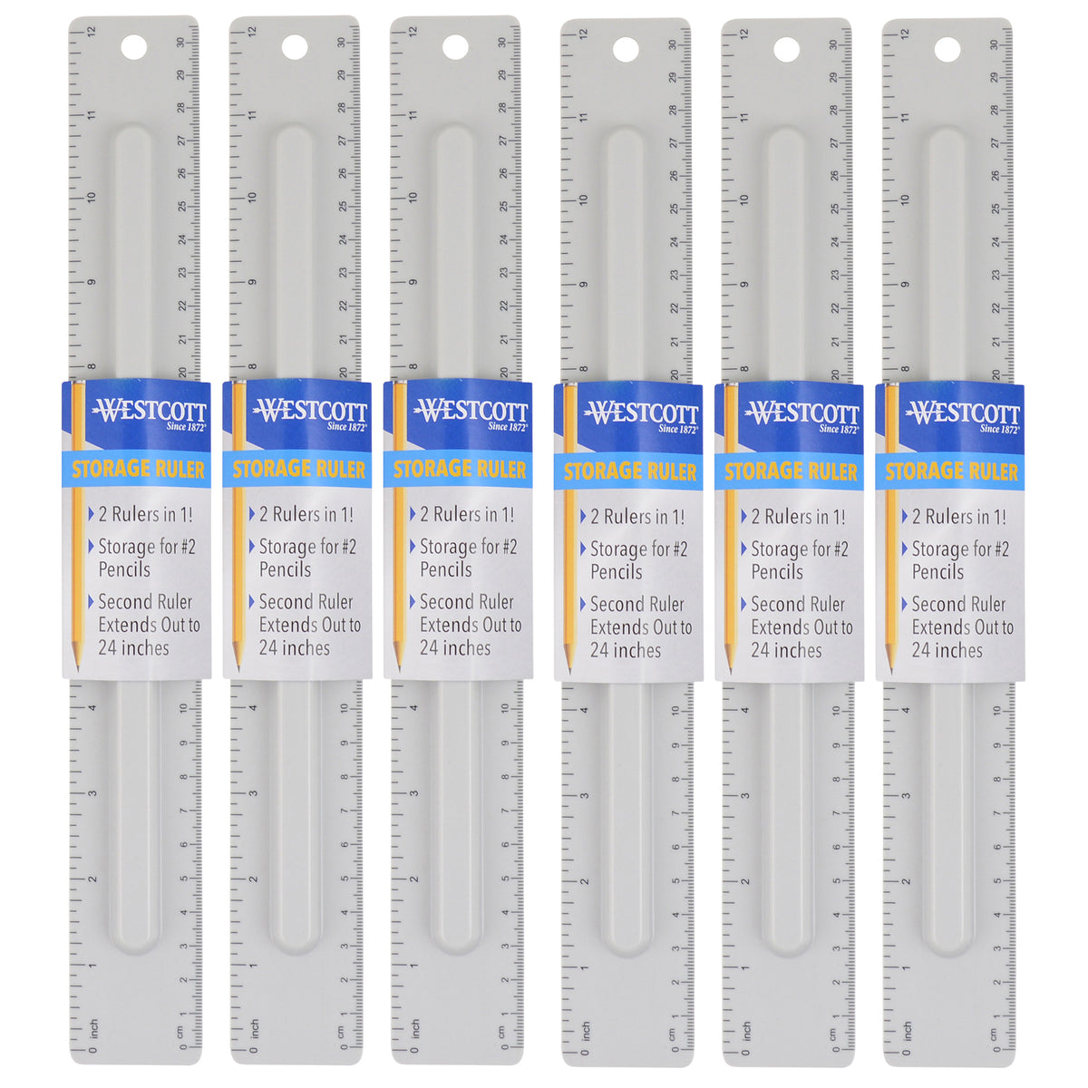 2-Piece 12" Ruler with Pencil Storage, Pack of 6