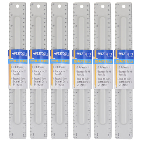 2-Piece 12" Ruler with Pencil Storage, Pack of 6