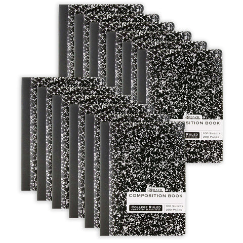 Composition Book, College Ruled, Black Marble, 100 Sheets, Pack of 12