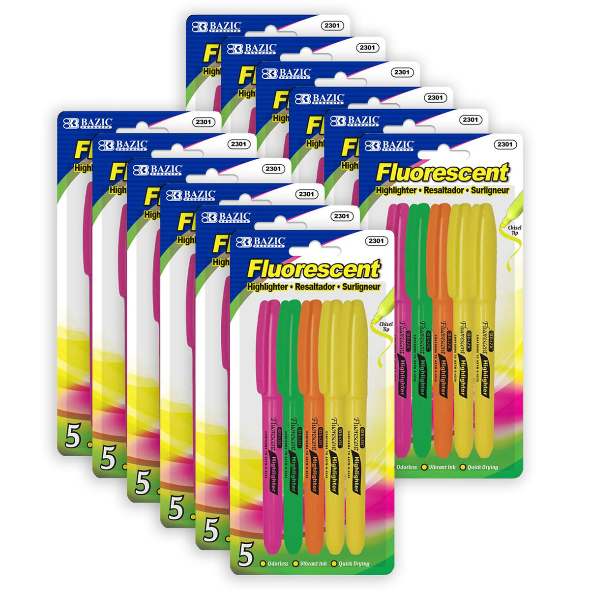 Pen Style Fluorescent Highlighters with Pocket Clip, 5 Per Pack, 12 Packs