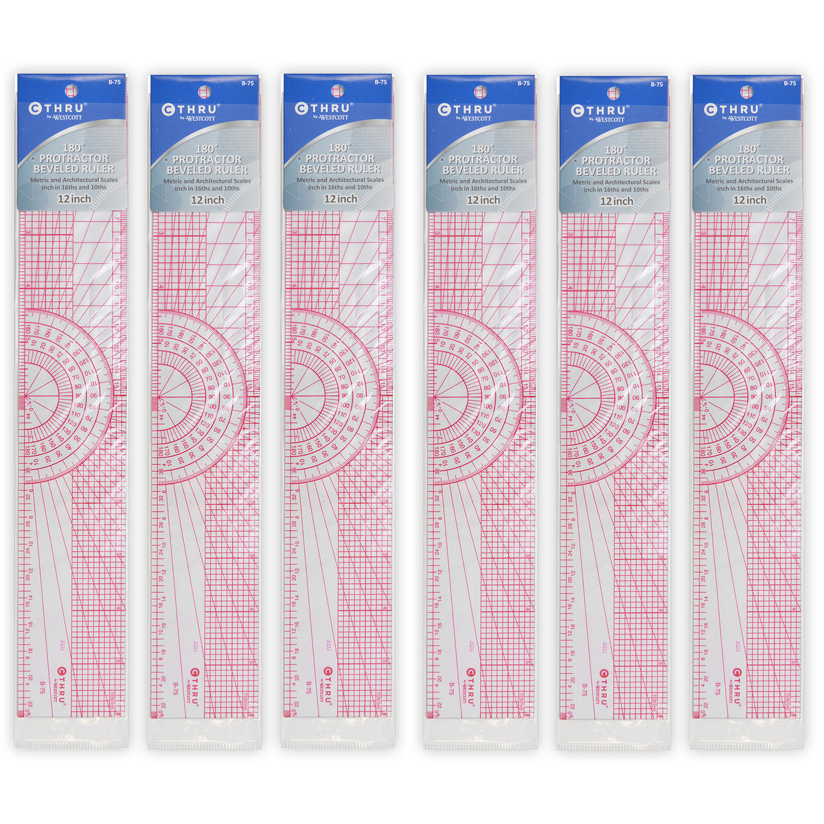 Beveled Protractor Ruler, 12", Transparent, Pack of 6