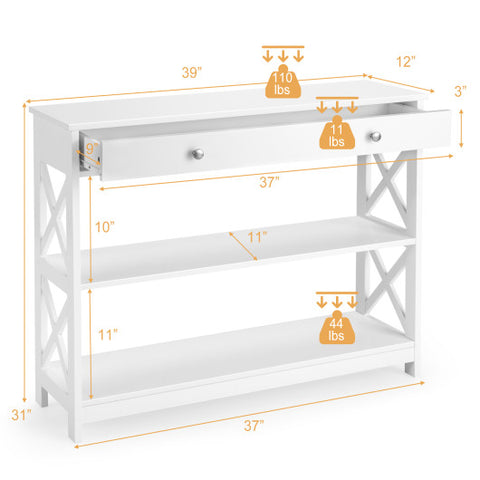 Console Table 3-Tier with Drawer and Storage Shelves-White