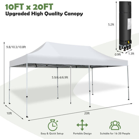 10 x 20 Feet Outdoor Pop-Up Patio Folding Canopy Tent-White