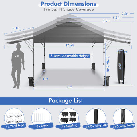 10 x 17.6 Feet Outdoor Instant Pop-up Canopy Tent with Dual Half Awnings-Gray