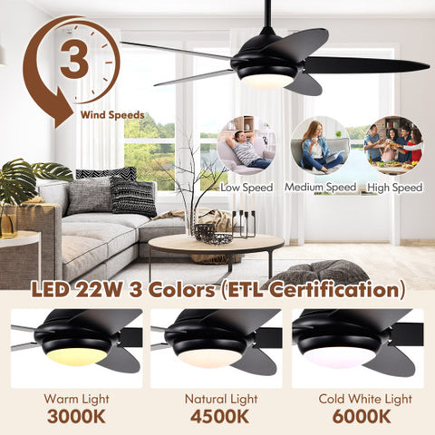 52 Inch Ceiling Fan with Lights and 3 Lighting Colors-Black