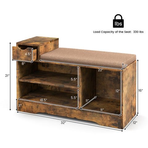 Entryway Storage Shoe Bench with 1 Storage Drawer and 3 Open Compartments-Rustic Brown