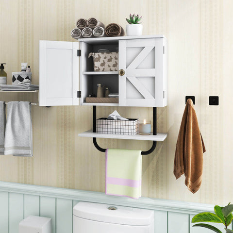 2-Door Bathroom Wall-Mounted Medicine Cabinet with Open Shelf and Towel Rack-White