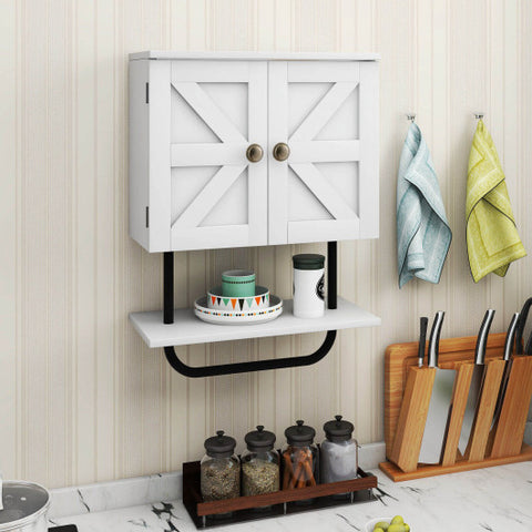 2-Door Bathroom Wall-Mounted Medicine Cabinet with Open Shelf and Towel Rack-White