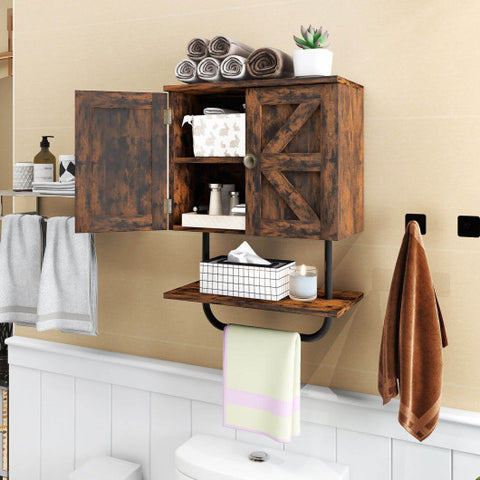 2-Door Bathroom Wall-Mounted Medicine Cabinet with Open Shelf and Towel Rack-Rustic Brown