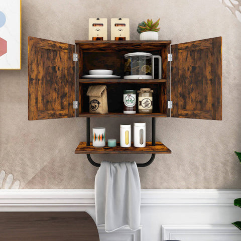 2-Door Bathroom Wall-Mounted Medicine Cabinet with Open Shelf and Towel Rack-Rustic Brown