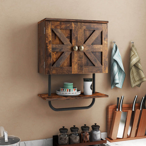 2-Door Bathroom Wall-Mounted Medicine Cabinet with Open Shelf and Towel Rack-Rustic Brown