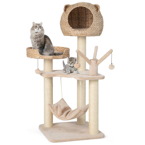 Multi-Level Cat Tree with Condo Hammock and Rotatable Hanging Balls-Natural