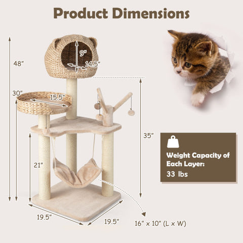 Multi-Level Cat Tree with Condo Hammock and Rotatable Hanging Balls-Natural