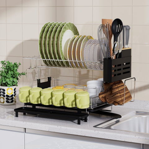 2-Tier Detachable Dish Drying Rack with Cutlery Holder