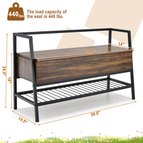 Industrial Shoe Bench with Storage Space and Metal Handrail-Rustic Brown