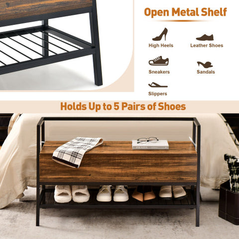 Industrial Shoe Bench with Storage Space and Metal Handrail-Rustic Brown