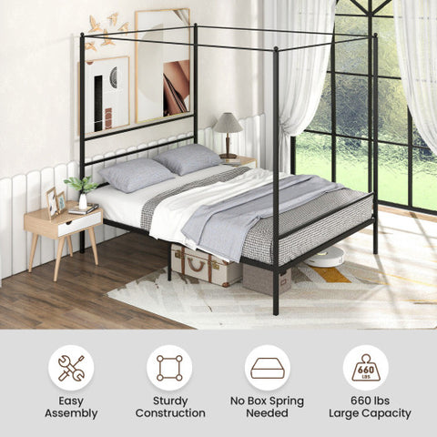 Twin/Full/Queen Size Metal Canopy Bed Frame with Slat Support-Queen Size