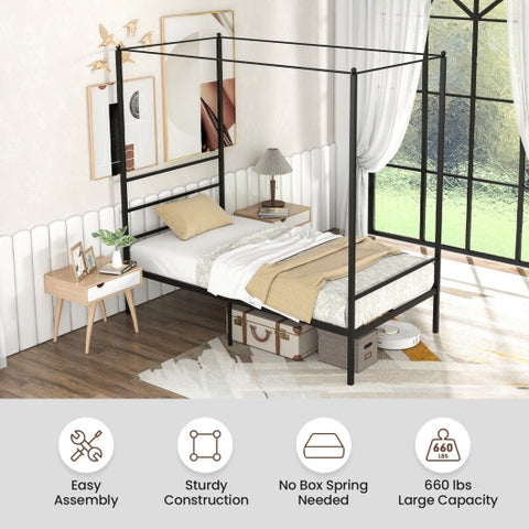 Twin/Full/Queen Size Metal Canopy Bed Frame with Slat Support-Twin Size