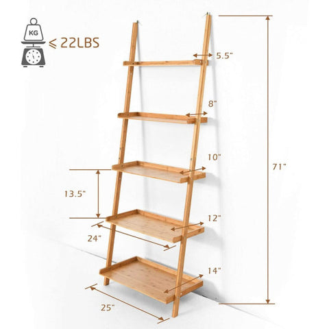 5-Tier Ladder Shelf Bamboo Bookshelf Wall-Leaning Storage Display Plant Stand-Natural