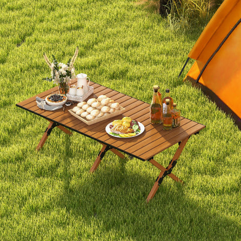 Folding Lightweight Aluminum Camping Table with Wood Grain-L