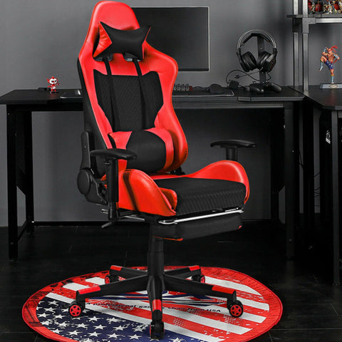 PU Leather Gaming Chair with USB Massage Lumbar Pillow and Footrest-Red