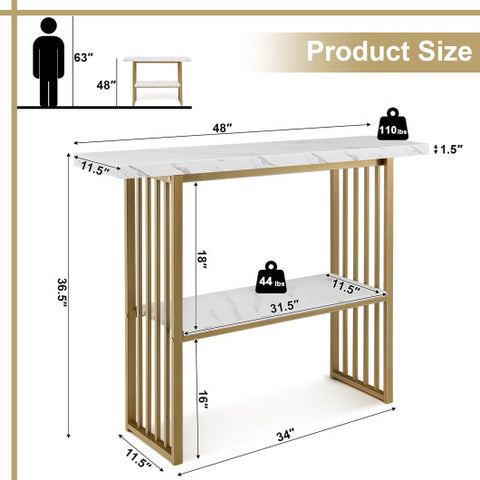 48 Inch 2-Tier Console Table with Gold Finished Frame-White