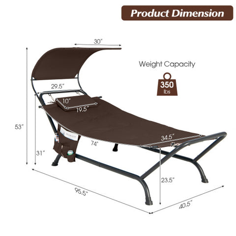 Patio Hanging Chaise Lounge Chair with Canopy Cushion Pillow and Storage Bag-Brown