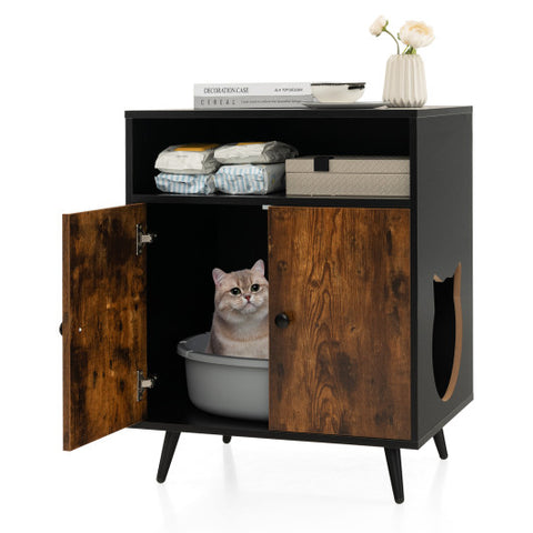 Industrial Cat Litter Box Enclosure with Entry and Open Compartment-Rustic Brown