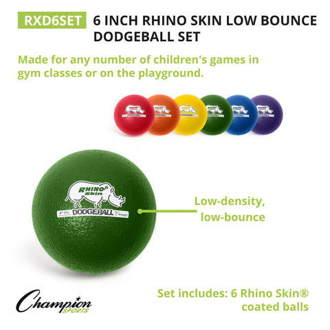 Rhino Skin® 6-Inch Low Bounce Dodgeball Set, Assorted Colors, Set of 6