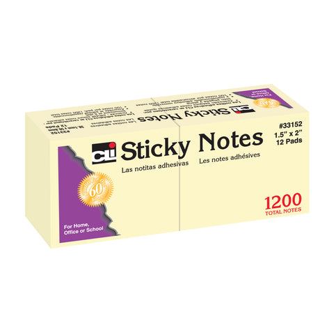 Sticky Notes, 1 1/2" x 2", Plain, 100 Sheets/Pad, 12 Pads/Pack, 12 Packs