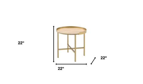 22" Gold And Oak Manufactured Wood And Metal Round End Table