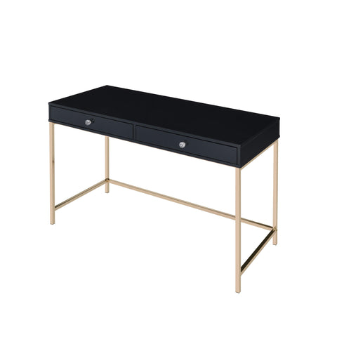 47" Black And Gold Rectangular Writing Desk With Two Drawers