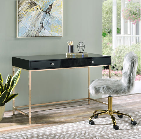 47" Black And Gold Rectangular Writing Desk With Two Drawers