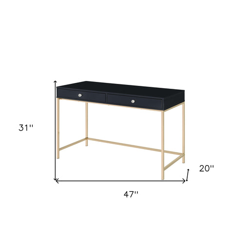 47" Black And Gold Rectangular Writing Desk With Two Drawers