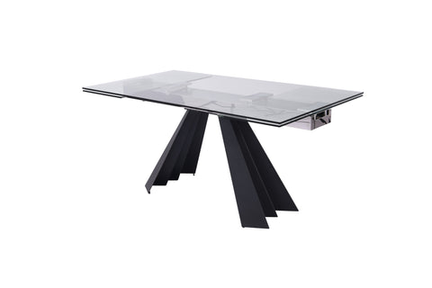 63" Glass and Black Extendable Dining Table With Accordion Metal Base