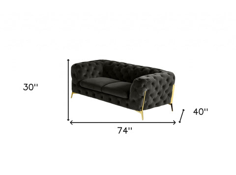 74" Dark Grey Gold Velour Chesterfield Love Seat