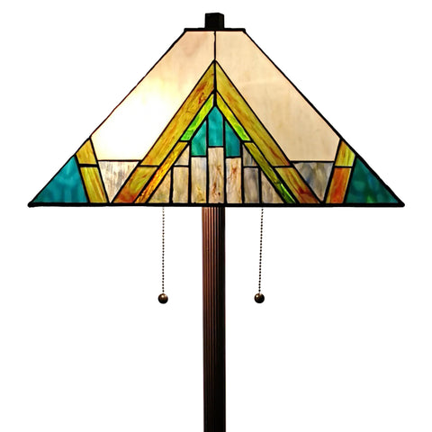 62" Brown Two Light Traditional Shaped Floor Lamp With Beige Green And Blue Geometric Stained Glass Empire Shade