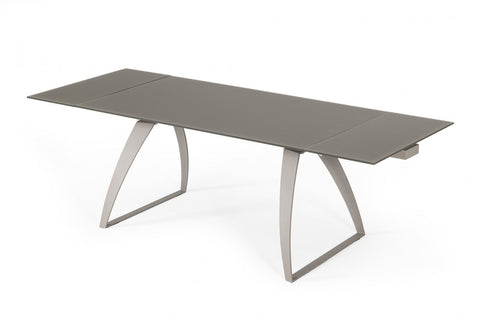 94" Grey Rectangular Glass And Metal Self-Storing Leaf Dining Table