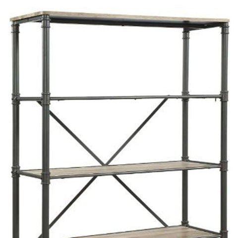 71" Antique Oak And Gray Distressed Four Tier Bookcase