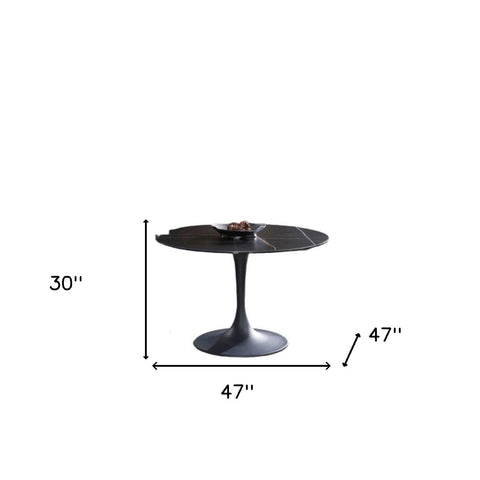 Black Marble Look Glass and Ceramic Pedestal Round Dining Table