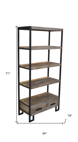 71" Rustic Distressed Solid Wood Oak And Black Four Tier Etagere Bookcase