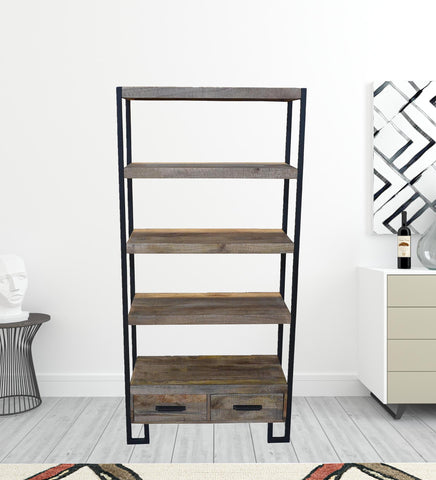 71" Rustic Distressed Solid Wood Oak And Black Four Tier Etagere Bookcase