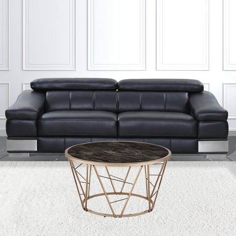 33" Gold Steel And Faux Black Marble Round Top Coffee Table