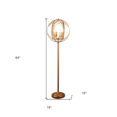 64" Gold Four Light Floor Lamp With Modern Gold Geometric Globe Shade