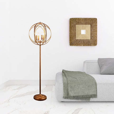 64" Gold Four Light Floor Lamp With Modern Gold Geometric Globe Shade