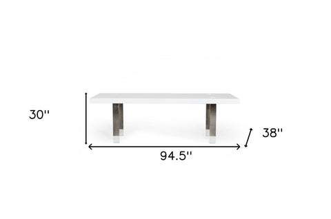 95" White And Gun Metal Rectangular Manufactured Wood And Stainless Steel Dining Table