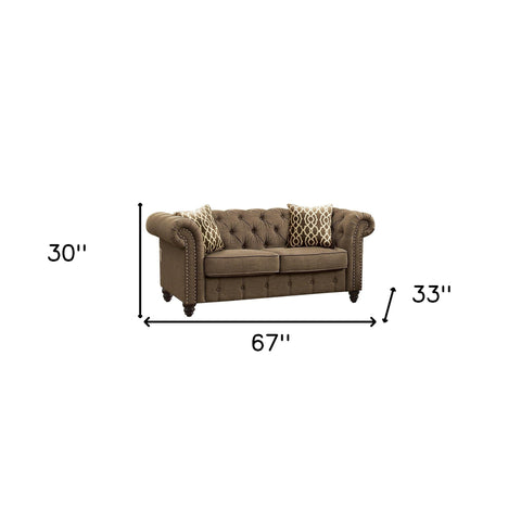 67" Brown 100% Linen And Black Standard Love Seat