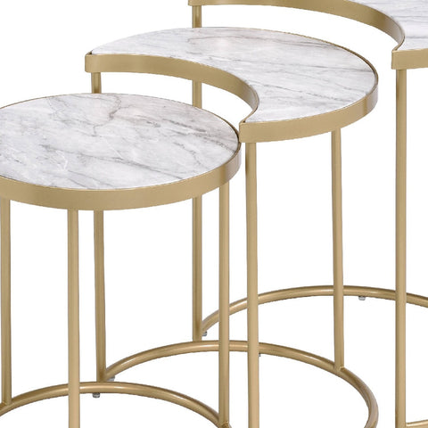 24" Gold And Faux Marble Paper Veneer And Metal Round Nested Coffee Tables