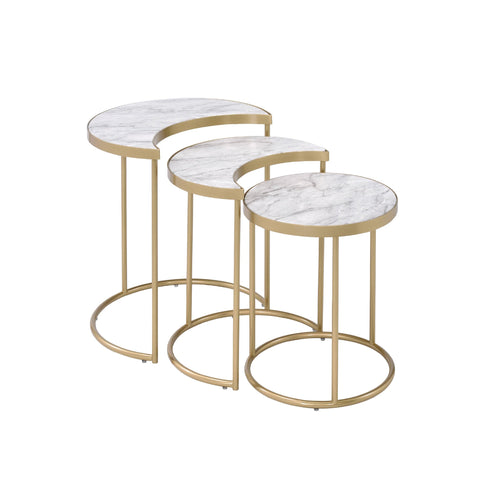 24" Gold And Faux Marble Paper Veneer And Metal Round Nested Coffee Tables